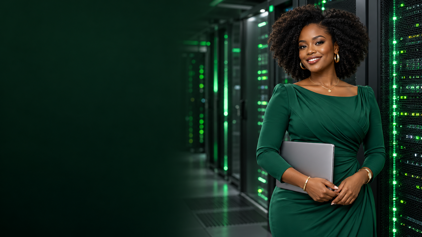 African hosting ambassador smiling and holding a laptop in a server room